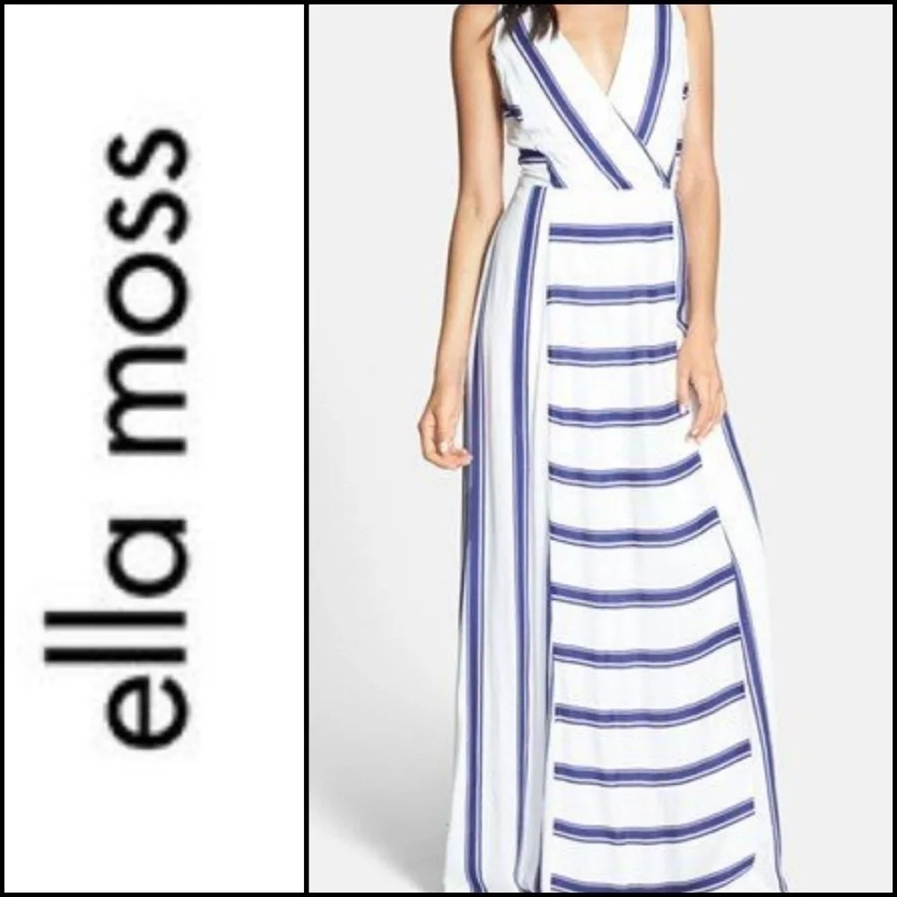 NEW! ELLA MOSS Anabel Navy Stripe Splice Neckline Maxi Dress Small. - Picture 2 of 4